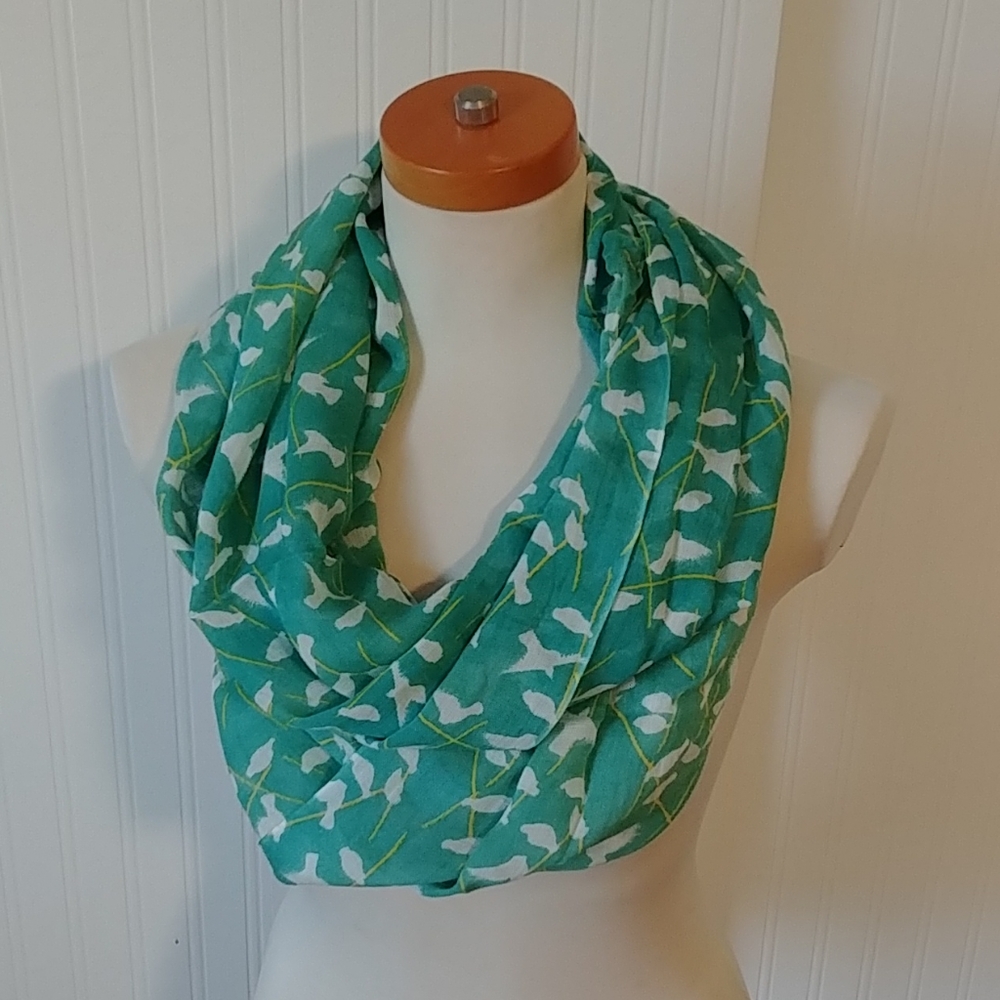 Teal infinity scarf with bird pattern